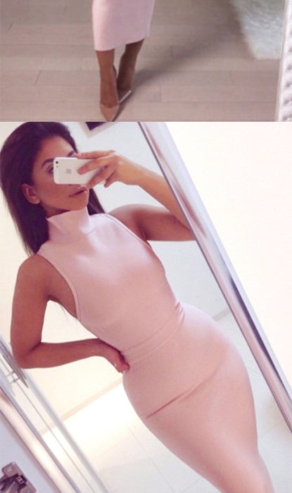 Dresses Black High Neck Knee Length Sleeveless Tank Sexy Women Club Bandage Dress Bodycon Dress Women AwsomU