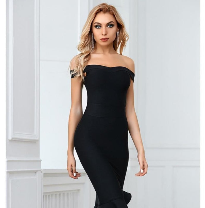 Dresses Black Off Shoulder Mermaid Bandage Dress For Women Sexy Ruffles Midi Celebrity Club Runway Party Dresses AwsomU