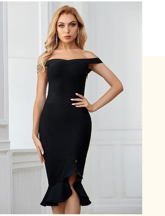 Dresses Black Off Shoulder Mermaid Bandage Dress For Women Sexy Ruffles Midi Celebrity Club Runway Party Dresses AwsomU