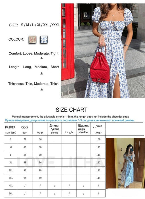 Dresses Puff Sleeve High Split Floral Print Dress Summer Women Flroal Printed Ruched Party Maxi Dress Drawstring Sundress AwsomU