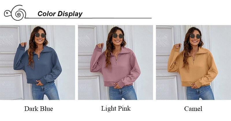 Women's Hoodie Turn Down Collar Hoodie Woman Solid Zipper Long Sleeve Ladies Casual Tops Spring Fall Fashion Pullover Female Sweatshirt| AwsomU