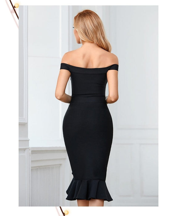 Dresses Black Off Shoulder Mermaid Bandage Dress For Women Sexy Ruffles Midi Celebrity Club Runway Party Dresses AwsomU