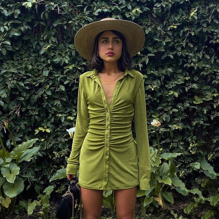 Sun-Imperial - Green Casual Long Sleeve Autumn Bodycon Mini Dress with Ruched Center and Turn Down Orange / L Sun-Imperial - Green Casual Long Sleeve Autumn Bodycon Mini Dress with Ruched Center and Turn Down Orange / L