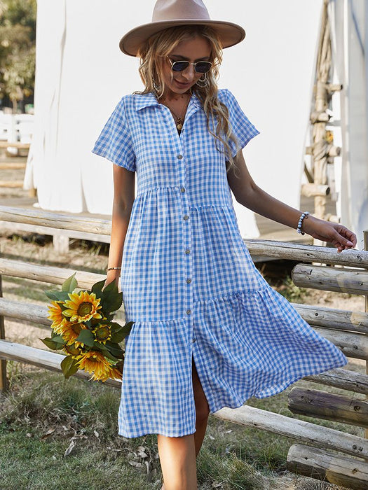 Ladies Vintage Boho Summer Dress Women Midi Casual Loose Holiday Plaid Beach Shirt Dress Women Sundress Ladies Vintage Boho Summer Dress Women Midi Casual Loose Holiday Plaid Beach Shirt Dress Women Sundress