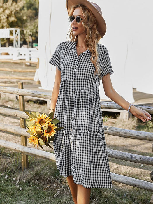 Ladies Vintage Boho Summer Dress Women Midi Casual Loose Holiday Plaid Beach Shirt Dress Women Sundress Ladies Vintage Boho Summer Dress Women Midi Casual Loose Holiday Plaid Beach Shirt Dress Women Sundress