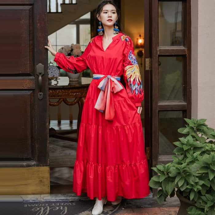 Dresses Runway Indie Folk Peacock Embroidery Red Christmas Dress Women's V Neck Lantern Sleeve High Waist Bow Scarf Cotton Long Dresses AwsomU