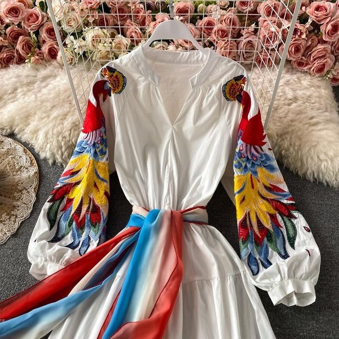 Dresses Runway Indie Folk Peacock Embroidery Red Christmas Dress Women's V Neck Lantern Sleeve High Waist Bow Scarf Cotton Long Dresses AwsomU