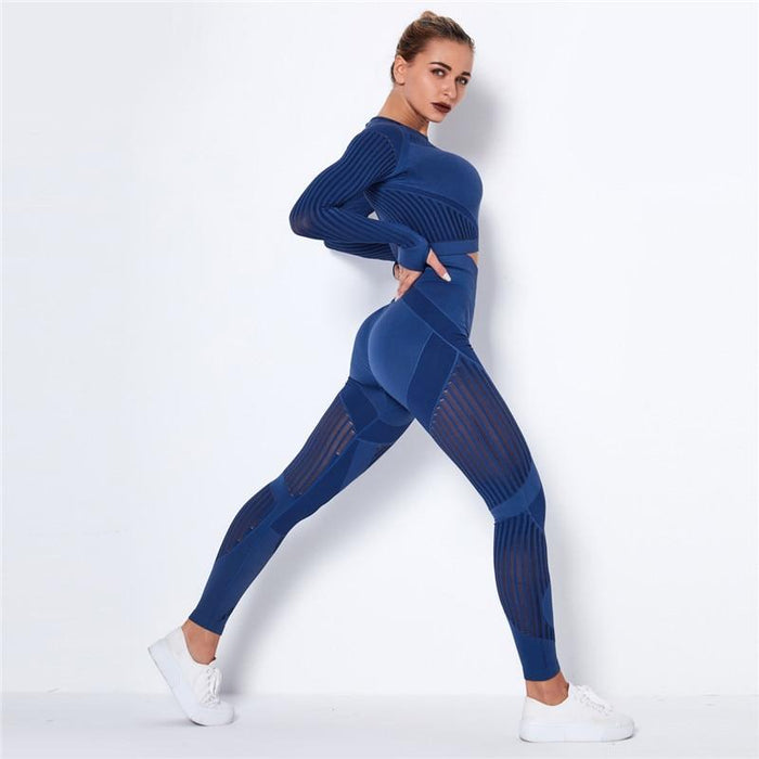 Xlwsbcr Hollow Out Seamless Yoga Set Sport Outfits Women Black Crop Top Bra Leggings Workout Gym Suit Fitness Sport Sets Dark blue Suit / XS Xlwsbcr Hollow Out Seamless Yoga Set Sport Outfits Women Black Crop Top Bra Leggings Workout Gym Suit Fitness Sport Sets Dark blue Suit / XS