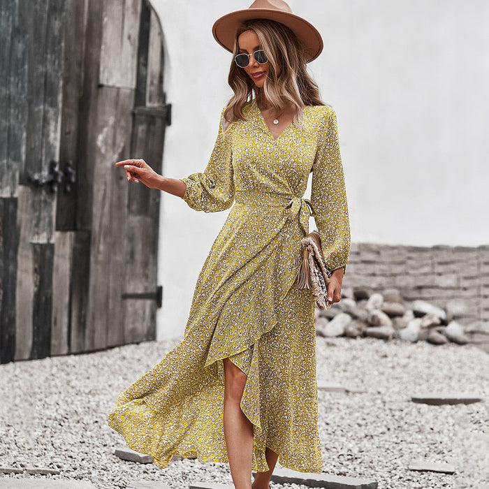 Dresses Spring Summer Long Bandage Print Dress For Women 2022 New V Neck Full Sleeve Hight Waist Winter Maxi Dresses Ladies Elegant Dresses AwsomU