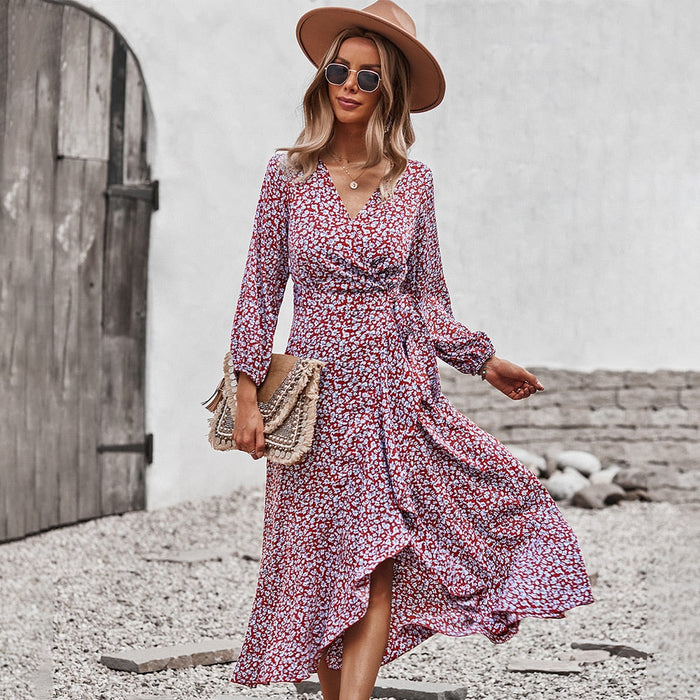 Dresses Spring Summer Long Bandage Print Dress For Women 2022 New V Neck Full Sleeve Hight Waist Winter Maxi Dresses Ladies Elegant Dresses AwsomU