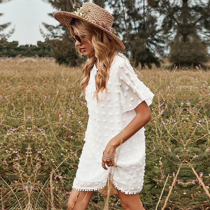 Dresses Spring Summer Sweet Short Dress For Women 2022 New Lace Up O Neck Tassel Jacquard Solid Chiffon Dress Female Leisure Dresses AwsomU