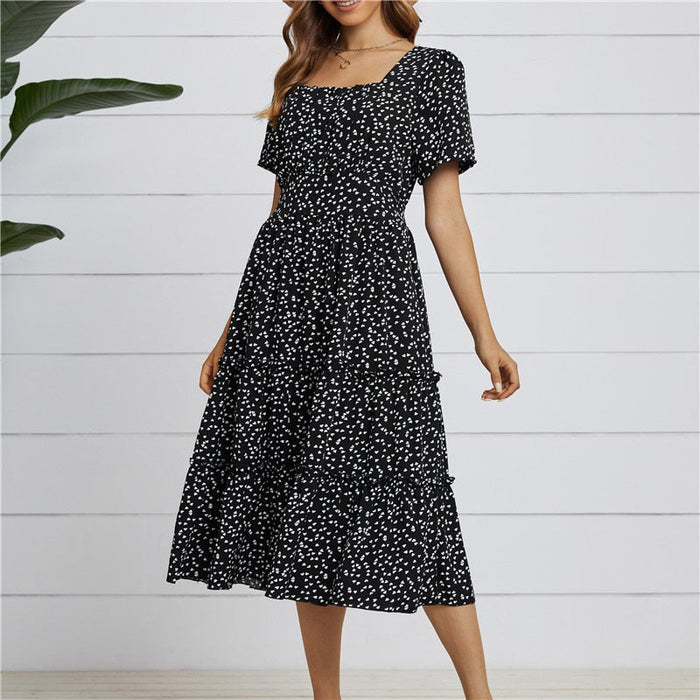Dresses Summer Love Pattern Dot Print Dress Women 2022 New Casual Short Sleeve Square Collar Ruffles Medium Long Chiffon Dress AwsomU