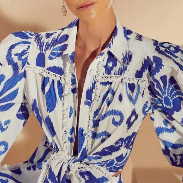 Women's Two Piece Suit Bowknot Print Hit Color Elegant Two Piece Set For Women Lapel Collar Puff Sleeve Shirt High Waist Skirt Female Suit Dress Suits AwsomU