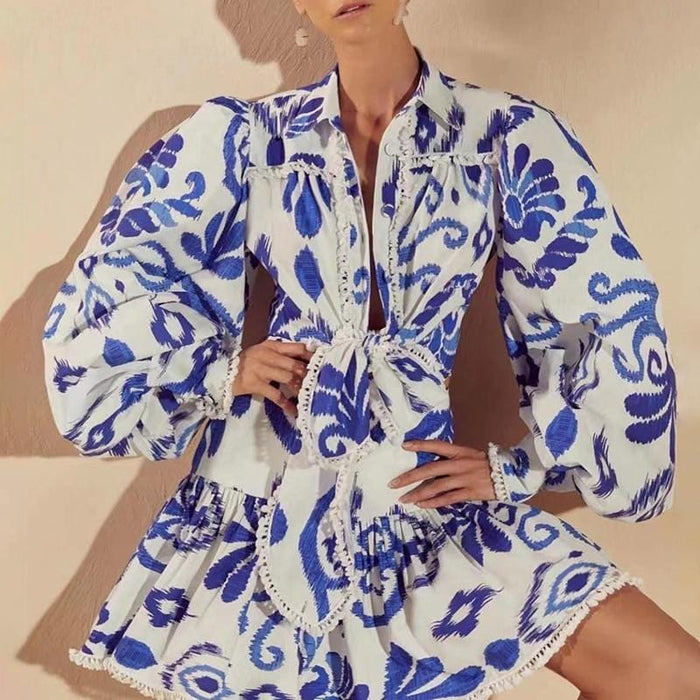 Women's Two Piece Suit Bowknot Print Hit Color Elegant Two Piece Set For Women Lapel Collar Puff Sleeve Shirt High Waist Skirt Female Suit Dress Suits AwsomU
