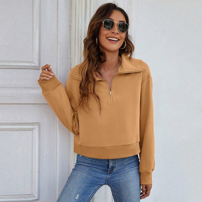 Women's Hoodie Turn Down Collar Hoodie Woman Solid Zipper Long Sleeve Ladies Casual Tops Spring Fall Fashion Pullover Female Sweatshirt| AwsomU