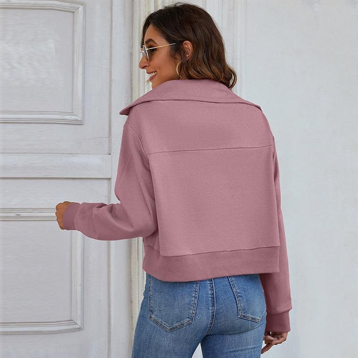 Women's Hoodie Turn Down Collar Hoodie Woman Solid Zipper Long Sleeve Ladies Casual Tops Spring Fall Fashion Pullover Female Sweatshirt| AwsomU