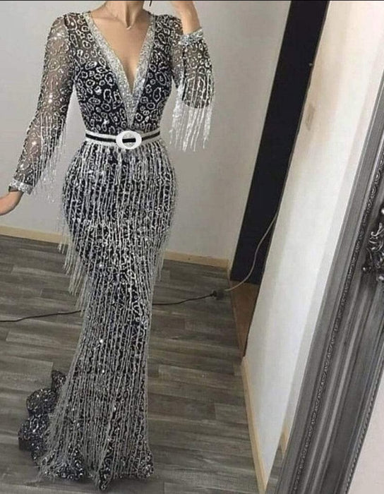 Dresses Women Tassel Solid Color Long Sleeve Sequin Long Full Dress AwsomU
