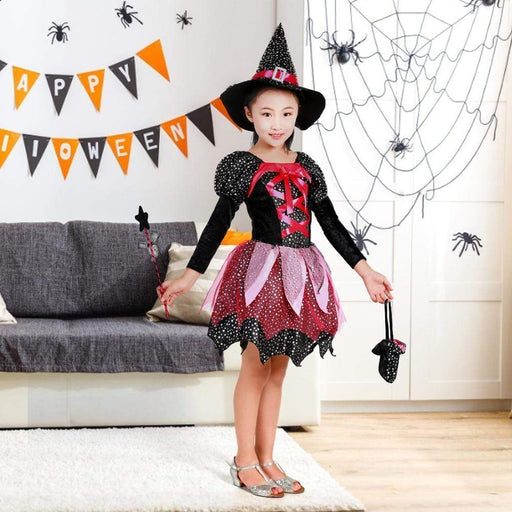Girl's Clothing Kid Girls Halloween Witch Costume Sparkly Silver Stars Printed Carnival Cosplay Dress with Pointed Hat Wand Dress Up AwsomU