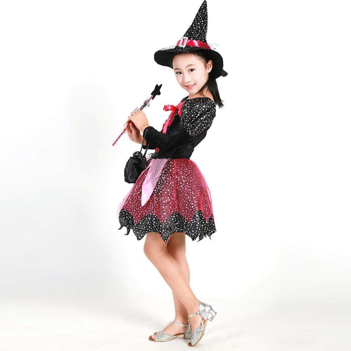 Girl's Clothing Kid Girls Halloween Witch Costume Sparkly Silver Stars Printed Carnival Cosplay Dress with Pointed Hat Wand Dress Up AwsomU