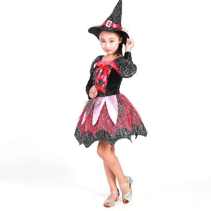 Girl's Clothing Kid Girls Halloween Witch Costume Sparkly Silver Stars Printed Carnival Cosplay Dress with Pointed Hat Wand Dress Up AwsomU