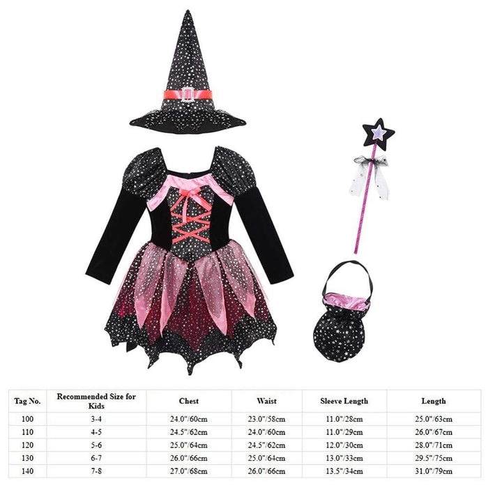 Girl's Clothing Kid Girls Halloween Witch Costume Sparkly Silver Stars Printed Carnival Cosplay Dress with Pointed Hat Wand Dress Up AwsomU