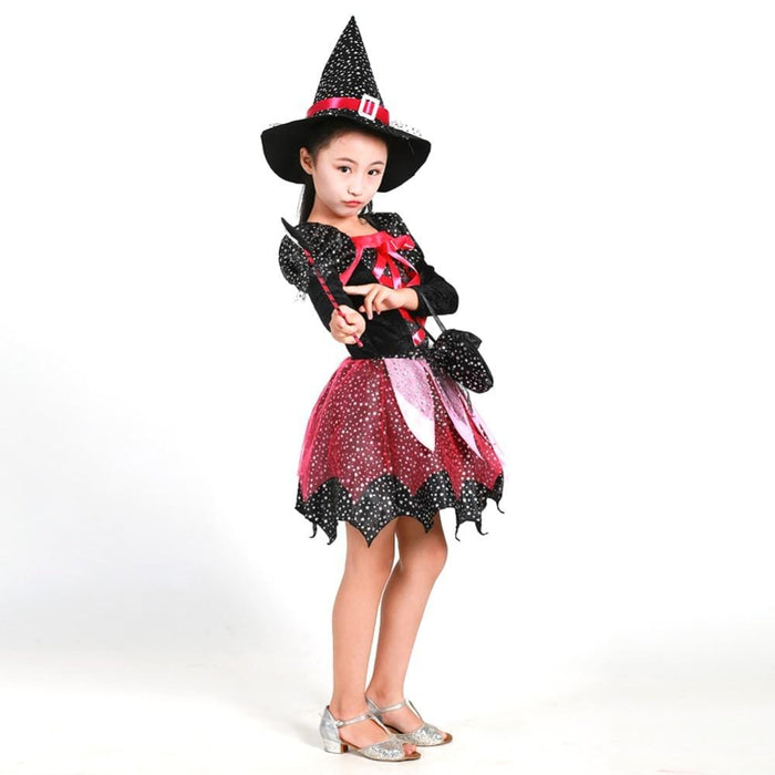 Girl's Clothing Kid Girls Halloween Witch Costume Sparkly Silver Stars Printed Carnival Cosplay Dress with Pointed Hat Wand Dress Up AwsomU