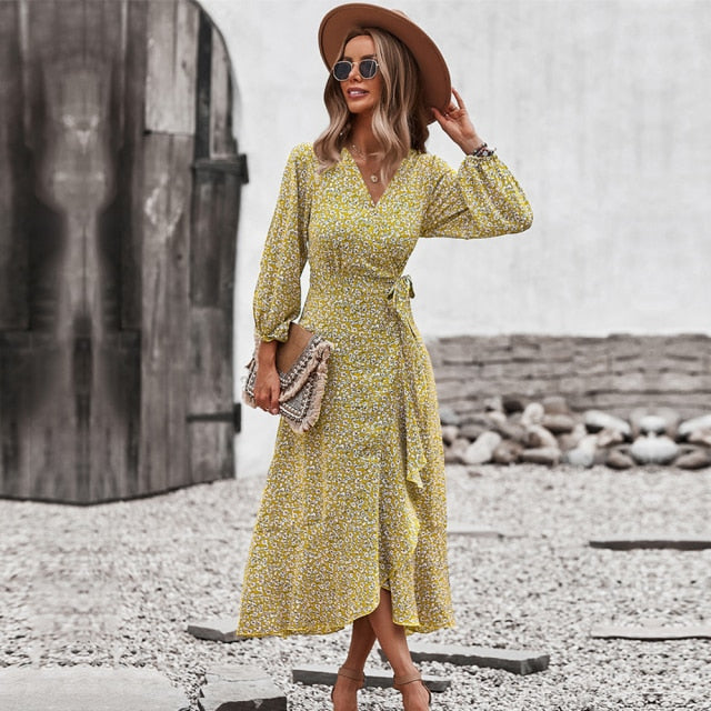 Printed Midi Dress Yellow / L Printed Midi Dress Yellow / L