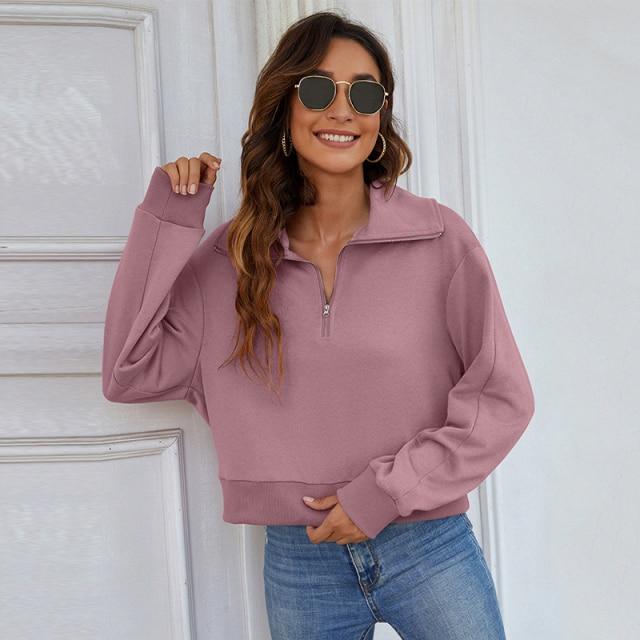 Women's Hoodie Turn Down Collar Hoodie Woman Solid Zipper Long Sleeve Ladies Casual Tops Spring Fall Fashion Pullover Female Sweatshirt| AwsomU