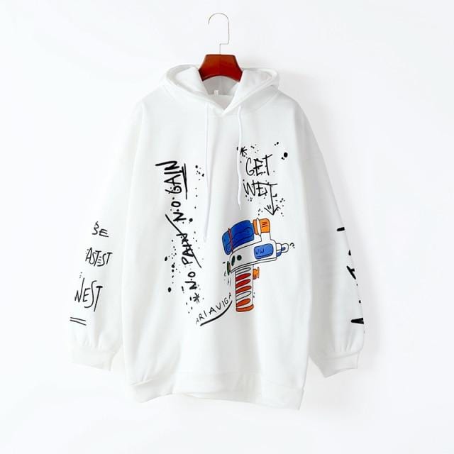 Women's Hoodie Cotton graffiti hooded sweatshirt women's fall and winter loose large version plus velvet warm hoodie jacket AwsomU