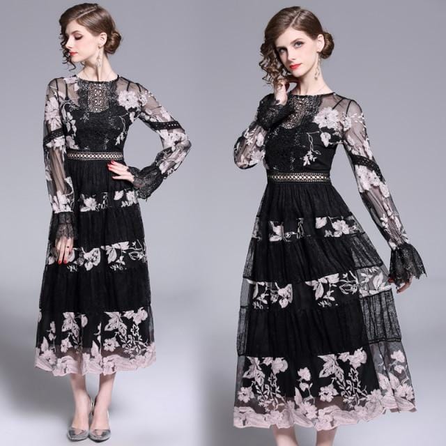 Dresses Fashion Runway Dress Spring Fall Women's Dress O Neck Flare Sleeve Flowers Embroidery Elegant Lace Long Dresses AwsomU